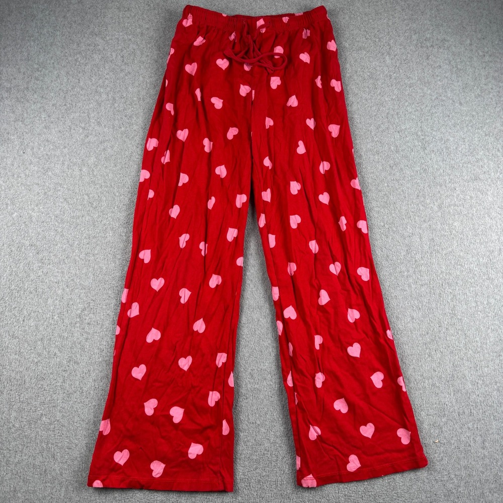 Forever 21 Pajama Pants Womens XS Red Heart Print Drawstring Cotton Sleepwear